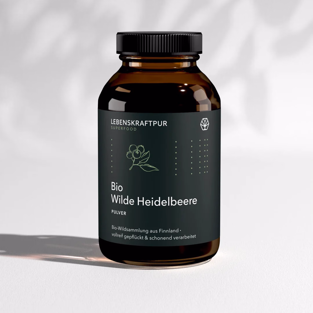 Dunkelgruene Glasdose Bio Wilde Heidelbeere von Lebenskraftpur