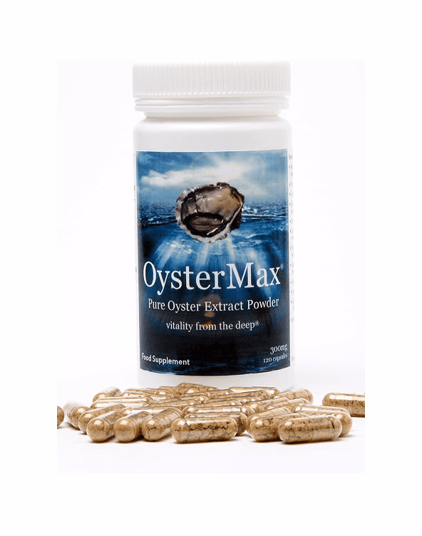Dose OysterMax Austern-Extrakt neben verstreuten Kapseln
