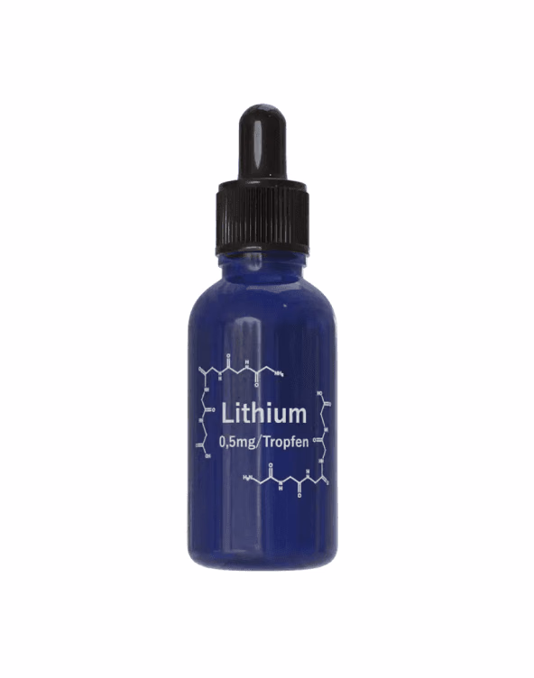 Dunkelblaue Tropfflasche Lithium mit 0,5 Milligramm pro Tropfen
