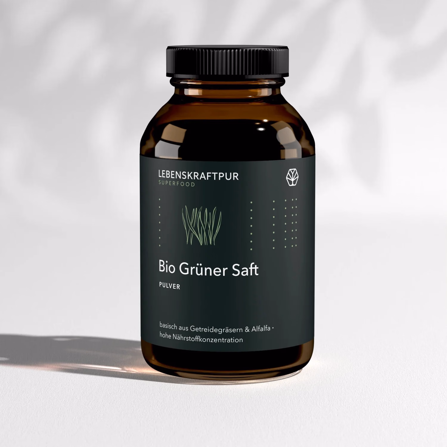 Dunkelgruene Glasdose Bio Gruener Saft von Lebenskraftpur