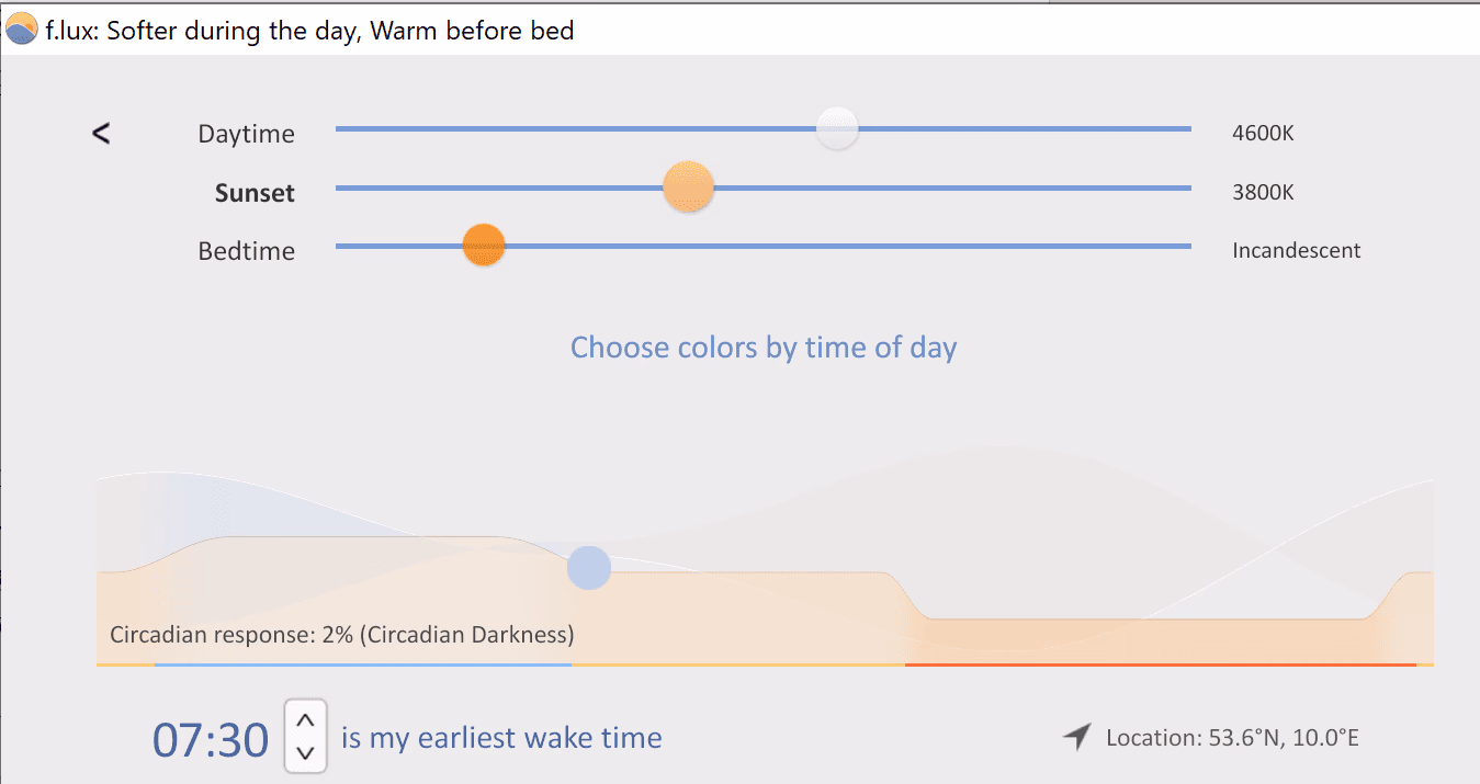 Screenshot der Software f.lux mit Reglern fuer die Farbtemperatur ueber den Tagesverlauf