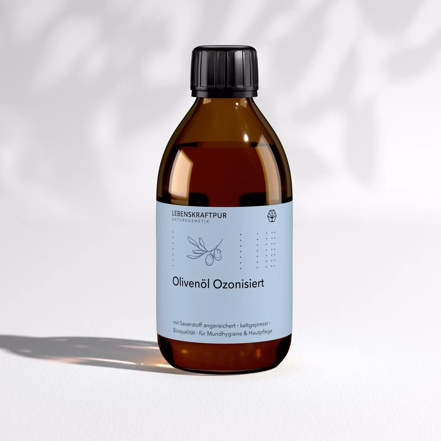 Braune Glasflasche ozonisiertes Olivenoel