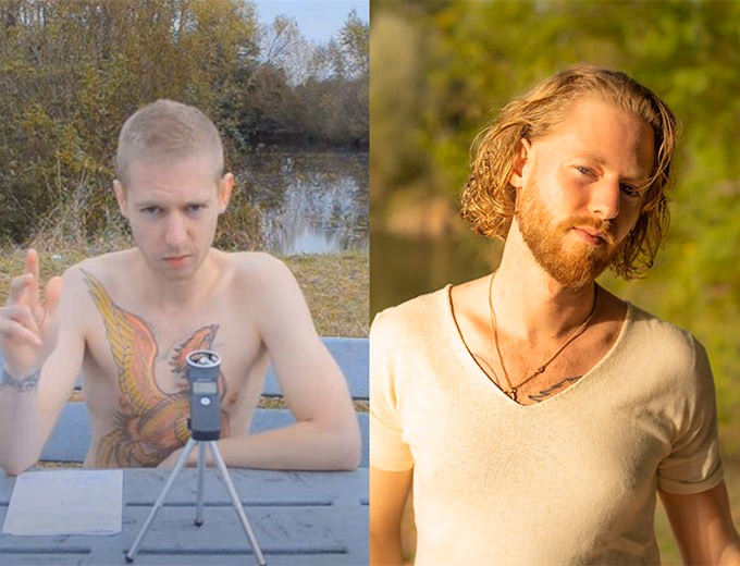 Zwei Fotos nebeneinander: links Benjamin Weidig ausgezehrt vor einigen Jahren, rechts heute deutlich kraeftiger