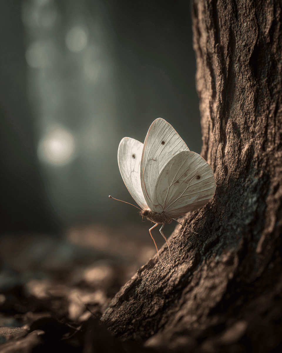 Weisser Schmetterling sitzt auf einer Baumrinde