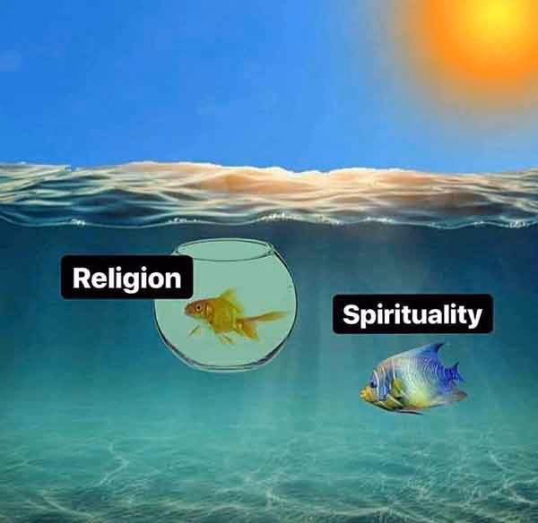 Illustration: ein Fisch im Glas mit der Aufschrift 'Religion', daneben ein freier Fisch im offenen Meer mit der Aufschrift 'Spirituality'